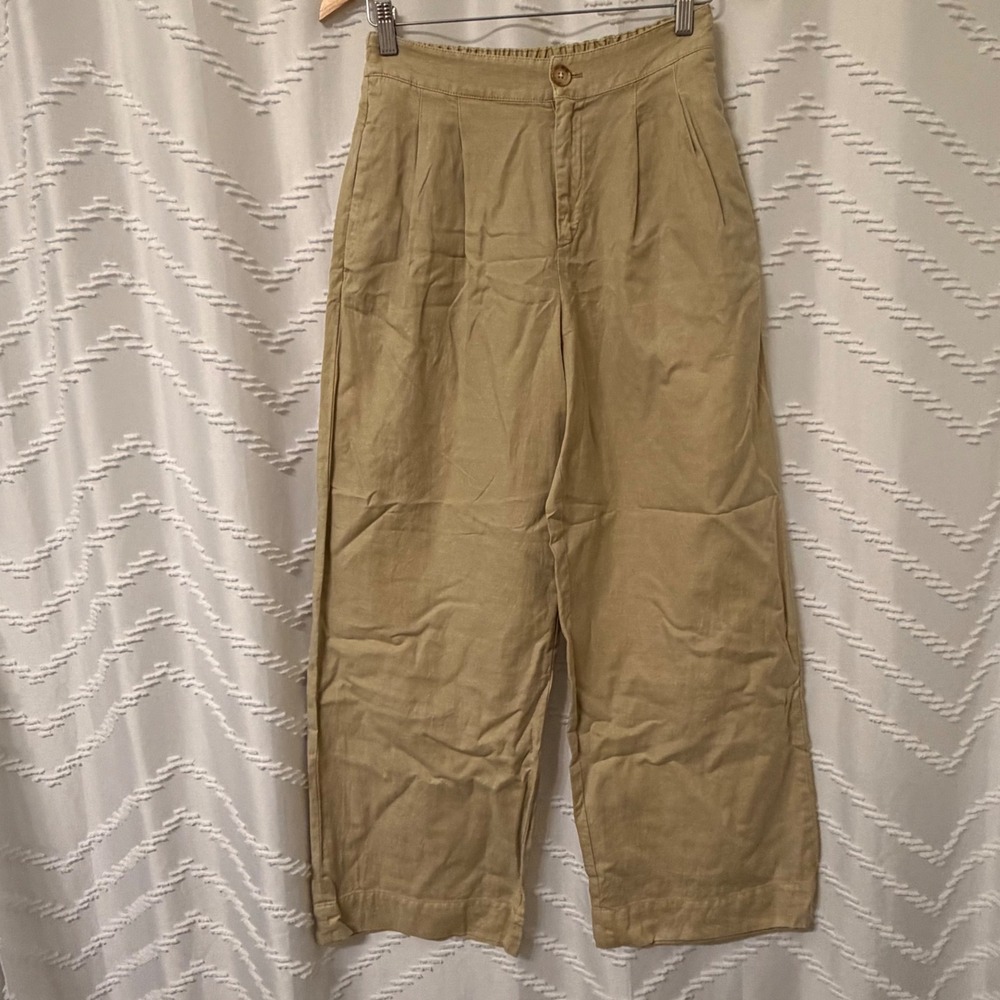 Faherty Women Khaki Organic Cotton Linen Wide Leg Cropped Pants WBF2315-SFI 2